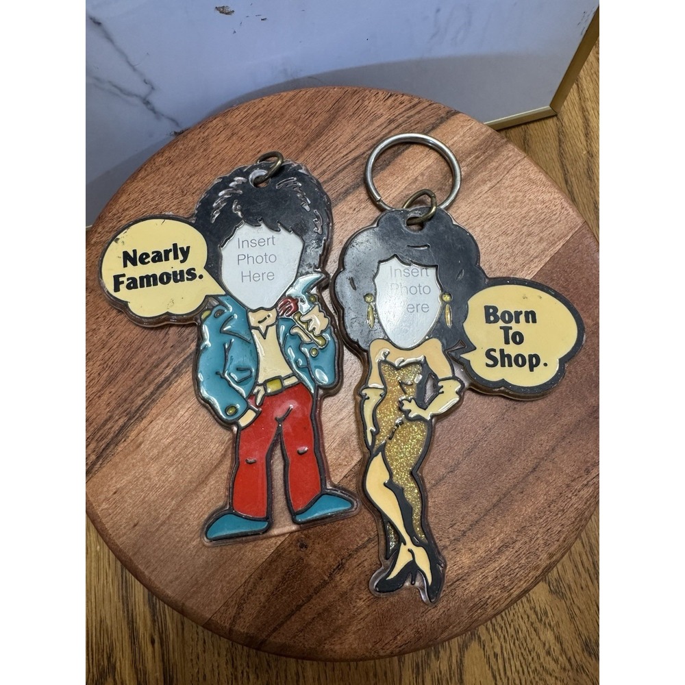 Vintage 1987 Key Chains Almost Famous & Born To Shop Photo Face Acrylic Florida